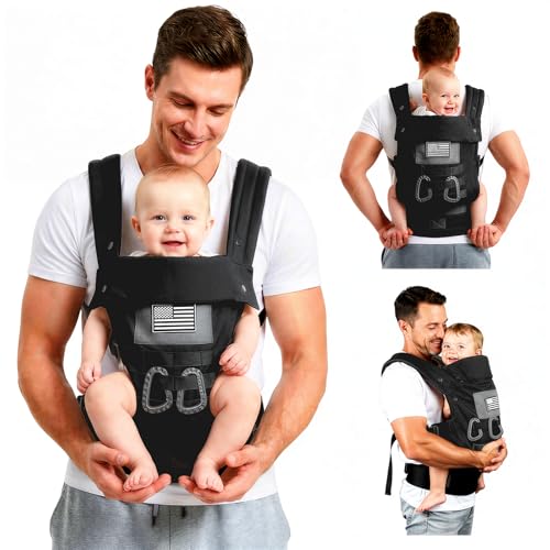 Image of YESYBC Baby Carrier, Lumbar Support Infant Carrier (0-36M, 8-33 lbs) with Foldable Headrest Carabiners for Big and Tall Parents, Men, Women (Black)