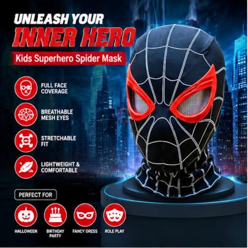 Image of SHOPOGENIX Kids Superhero Spider Mask Costume - Full Face Stretchable Cosplay Mask with Breathable Mesh Eyes | Halloween, Birthday Party, Fancy Dress & Role Play Costume