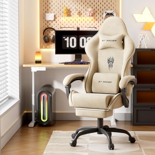 WoRaum Sedia da Gaming, Sedia da Ufficio Girevole con Supporto Lombare e Testa Regolabile, Braccioli e Poggiapiedi, Rivestimento in Tessuto Traspirante per PC Racing (Bianco)