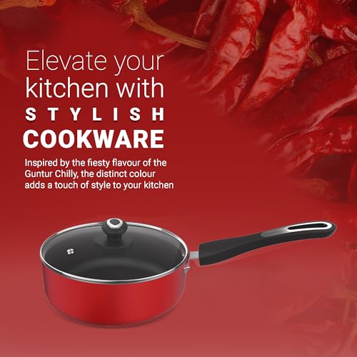 Image of Preethi Dura Collection Non Stick Milk Pan | 16 cm | 5 Star Non Stick | Gas & Induction Compatible | Chilly Red | 1L | 1 Piece | Aluminium