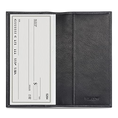 Image of HISCOW Slim Leather Checkbook Cover for Personal Checks, Vintage Black, One Size, Minimalist | Full grain cowhide, transaction register & check book pockets, removable duplicate divider, durable stitching, gifts for men