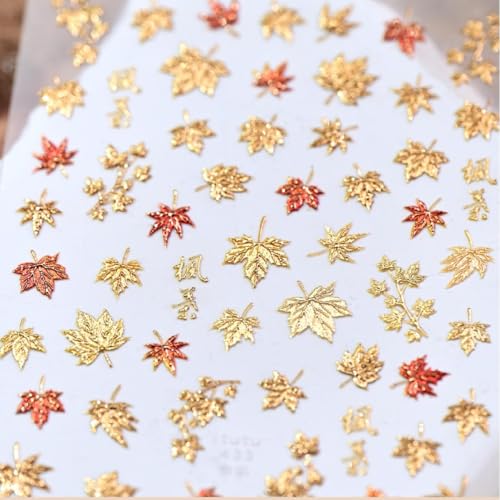Image of Maple Leaf Nail Stickers Fall Nail Art Stickers Gold Nail Decals with Glitter Design 5D Self Adhesive Autumn Leaves Nails Charms Supply for Women Girls Thanksgiving Day Manicure DIY Decoration