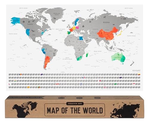 envami® Carte du Monde à Gratter - Planisphère Argent 68 X 43 CM - Poster Scratch Off Travel Map...