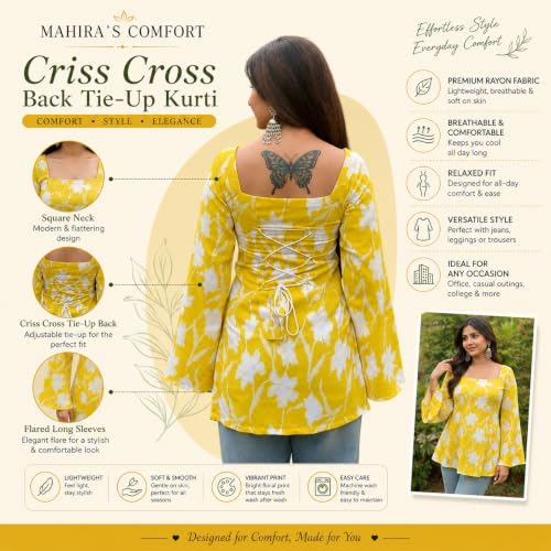 Image of MAHIRA'S Comfort Women's Short Kurti, Rayon Tunic Top with 3 /4 Embroidered Designer Sleeves | Soft Breathable Fabric | Office & Casual Kurti for Jeans, Leggings & Trousers