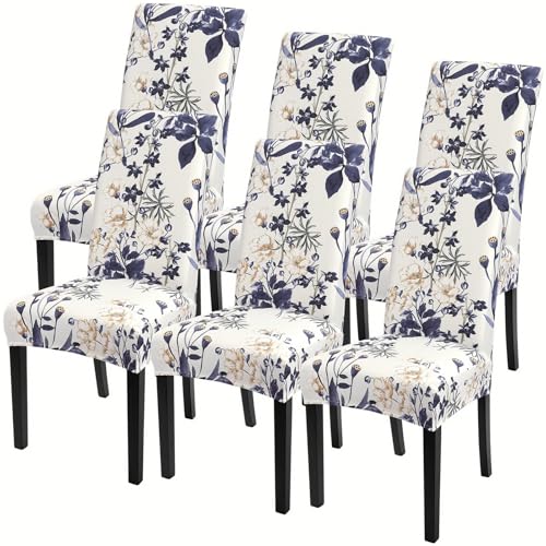 Image of SearchI Printed Dining Room Chair Covers Set of 6, Stretch Kitchen Chair Covers Washable Parsons Chair Slipcover Removable Dining Chair Protectors for Hotel,Ceremony(Blue Flowers)