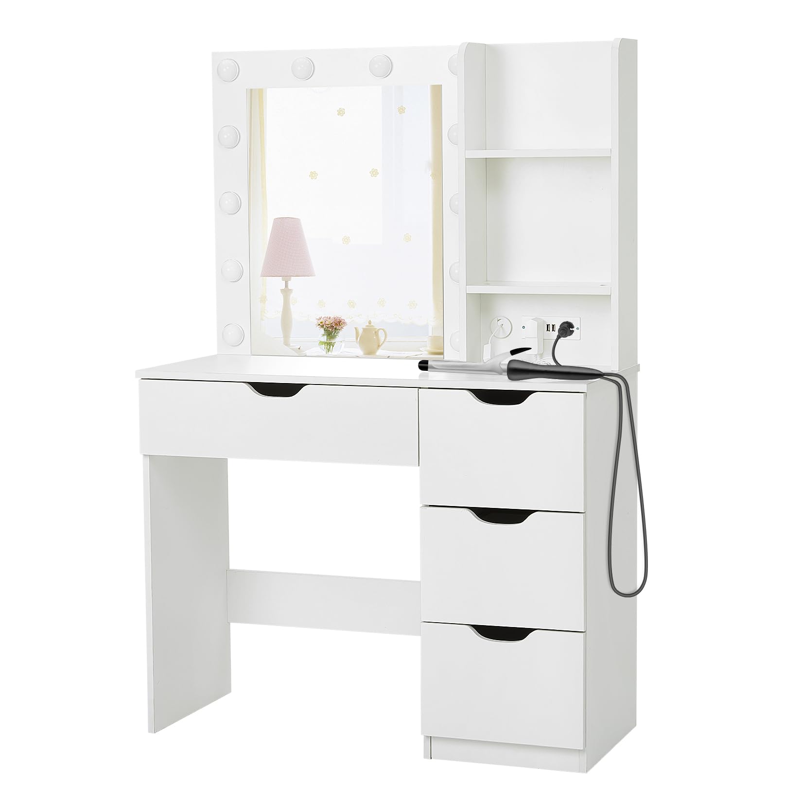 JoanKaren Modern Vanity Makeup Desk with Vanity Mirror, Built-in Lights, 4 Drawers, Crystal Ball Knobs, Power Outlet, White Makeup Desk for Bedroom