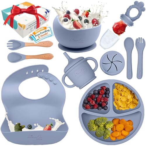 Image of Silicone Baby Feeding Set, 10 Pcs Baby Led Weaning Supplies | BPA-Free Baby Dishes with Toddler Plates and Bowls Set, Silicone Bib, Suction Cup, Baby Spoons & Forks | Empower Independence – Gray