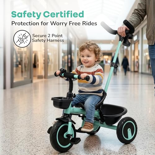 Image of R for Rabbit Tiny Toes R20 Plus Tricycle for Kids with Rubber Wheels, Adjustable Parental Control, Front & Rear Storage Basket | Baby Trike Cycle for 2 to 5 Year, Upto 25 Kgs Boy & Girl (Aqua Blue)