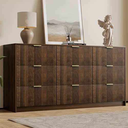 Image of Furniway Walnut Dresser for Bedroom, Modern Dresser with 9 Drawers and Smooth Slides, Wide Chest of Drawers with Golden Handles for Bedroom, Living Room, Closet, 15.7 inch D x 63 inch W x 31.5 inch H