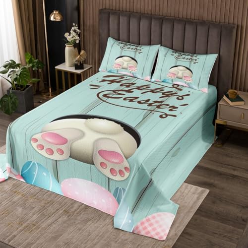 Happy Easter Bedspread Set Queen Size for Kids,Boys Girls Teal Wooden Quilt Set Colorful Eggs Bedspread Coverlet Cute Rabbit Bedspread 3 Piece Decorative Bedding Quilted with 2 Pillow Shams