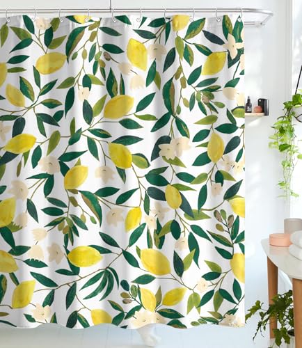 Lifeel Lemon Shower Curtain, Allover Fruits Green Leaves Plant Design Waterproof Fabric Bathroom Curtains Set with 12 Hooks, Green Yellow 72×72 inch