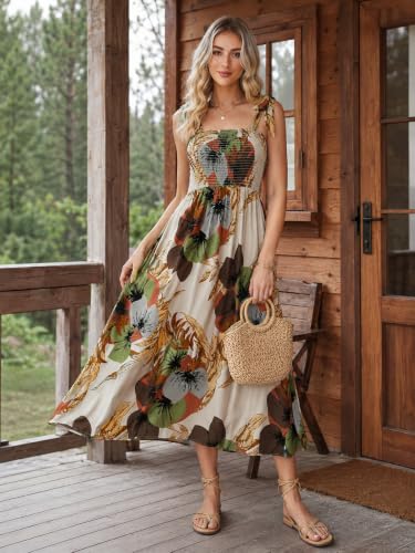 Image of BROVAVE Women Summer Floral Dress: Casual Square Neck Flowy Boho Beach Midi Sundress Sleeveless Tie Shoulder Vacation Daily