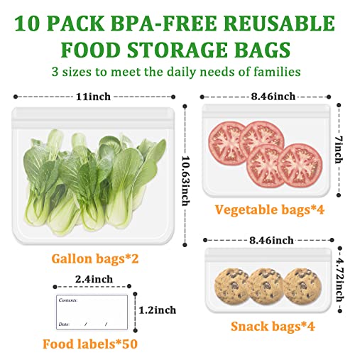 10Pcs Food Storage Bags Silicone, Leakproof Reusable Storage Bags, Reusable Snack Bags Silicone For Home Food Storage, Kids School Lunch,Picnic And Travel (Clear) #TOP1