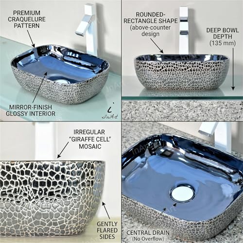 Image of InArt Designer Ceramic Wash Basin /Vessel Sink /Over or Above Counter Top Wash Basin for Bathroom Rectangle Shape Blue Color 18 x 13 x 5.5 Inch