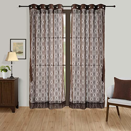 Image of Swayam 40% Blackout Polyester Long Door Curtain for Living Room & Bedroom | 9 Feet | Room Darkening Curtain with Eyelets | Pack of 1 | Ethnic Motif Design - Beige & Brown