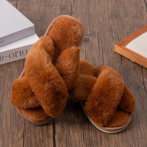 Image of Enteer Women's Slipper Memory Foam Cross Band Fuzzy Slippers Open Toe Cozy House Slippers Cozy Plush Bedroom Indoor Outdoor