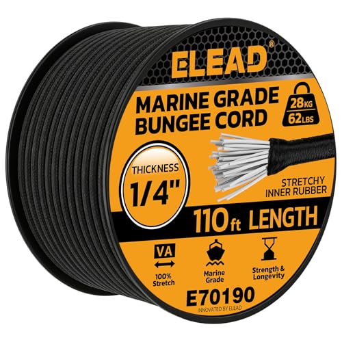 Heavy Duty Bungee Cord Roll 1/4 x 110ft Marine Grade Outdoor Bungee Cords Black Super Elastic Shock Cords Long Cord for Cargo Camping Bike Racks Tents