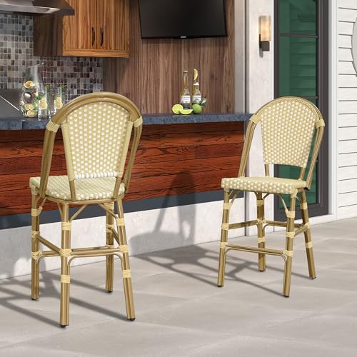 Image of PURPLE LEAF French Counter Height Bar Stool Set of 2 25 inch Bamboo Print Finish Patio Bar Chairs with Back Rattan Bar Chairs French Bistro Set for Kitchen Outdoor Counter Stool Cream Yellow
