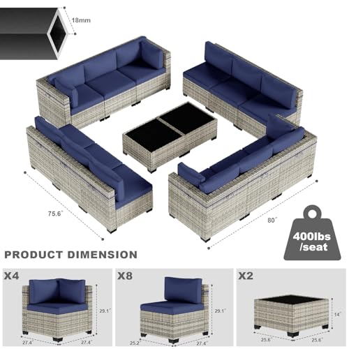 Image of 14-Piece Patio Furniture Set, Outdoor Sectional with Thick Cushions, Modular Patio Sofa, Dual-Strand Wicker Rattan, Rust-Resistant Frame, Backyard Furniture for Garden, Deck, Navy Blue