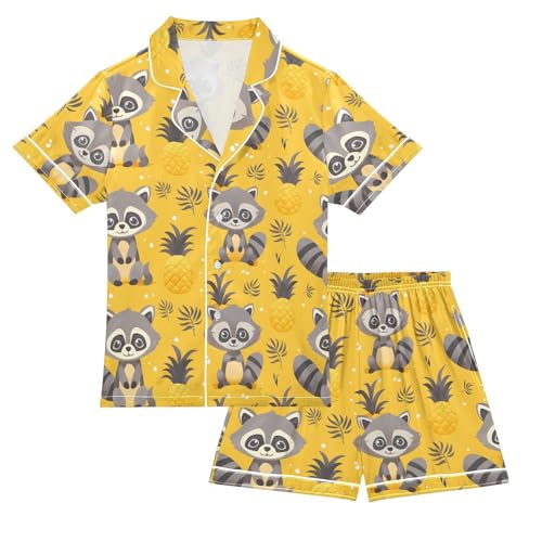 ALAZA Raccoon Palm Leaves Pineapple Yellow Satin Pajamas Set Short Sleeve Button Down Sleepwear Summer Pjs 2 Piece