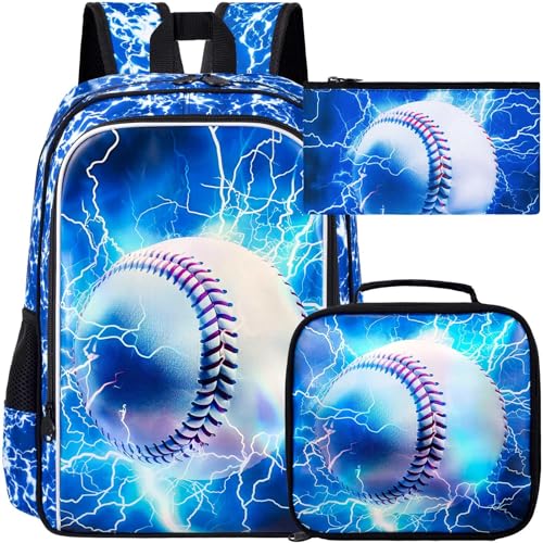 UFNDC 3PCS Boys Baseball Backpack, Kids Lightning School Bag with Lunch Box, 17