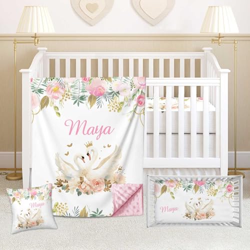 Custom Crib Bedding Set for Girls, Personalized Baby Girl Bedding Sets with Name, 3 Piece Bedding Set for Toddler Infant, Comforter Fitted Crib Sheets Pillowcase Set, Floral Swan Nursery Bedding