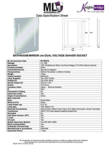 Knightsbridge IP44 Rectangular Mirror with Dual Voltage Shaver Socket