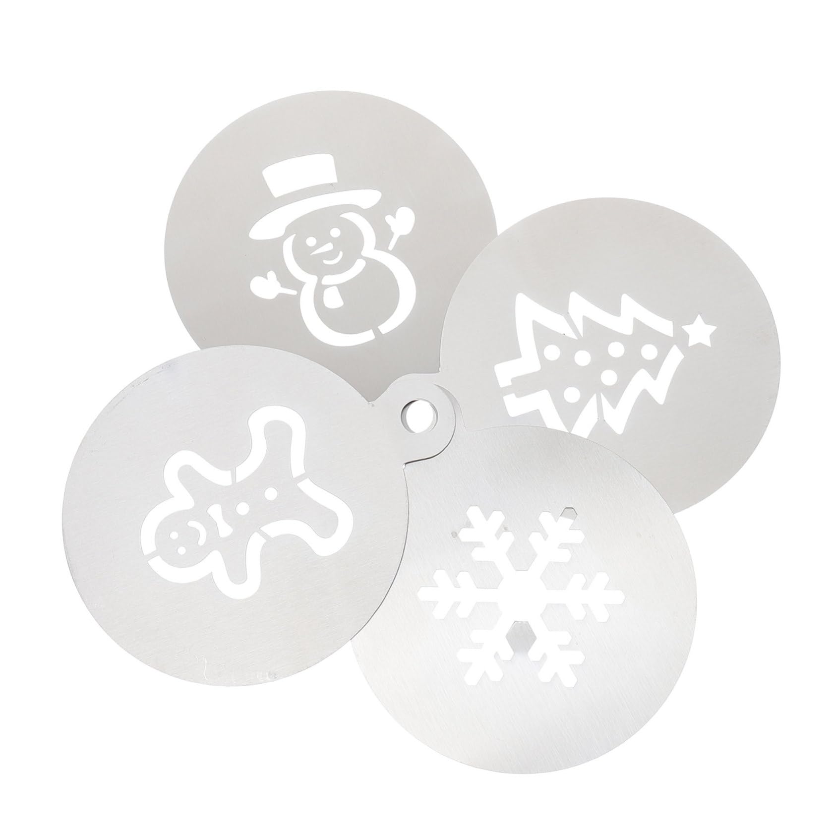 VICASKY 4pcs Christmas Cake and Coffee Decorating Stencils Gingerbread Man Snowflake Snowman Christmas Tree Powder Sugar Templates for Home Baking and Crafting