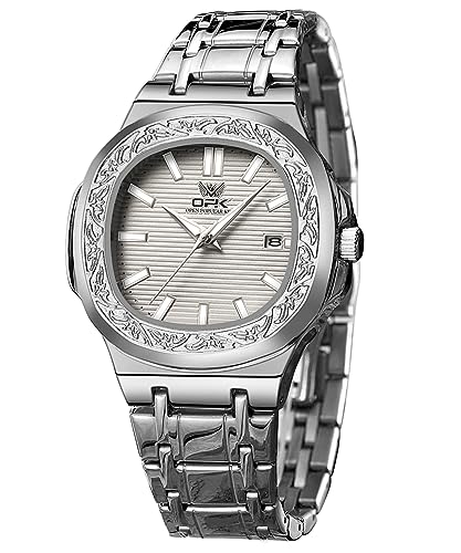OPK Silver Mens Watches Analog Quartz Luxury Business Dress Wrist Watch Stainless Steel Luminous Waterproof Date Innovative Design Premium