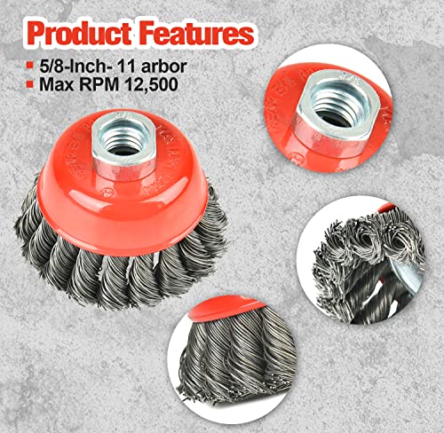 Image of Aain 8 Piece-3 Inch Twisted Knotted Wheel Cup Brush with Heavy-Duty 5 /8 inch-11 Threaded Arbor for Angle Grinder, Max RPM 12,500
