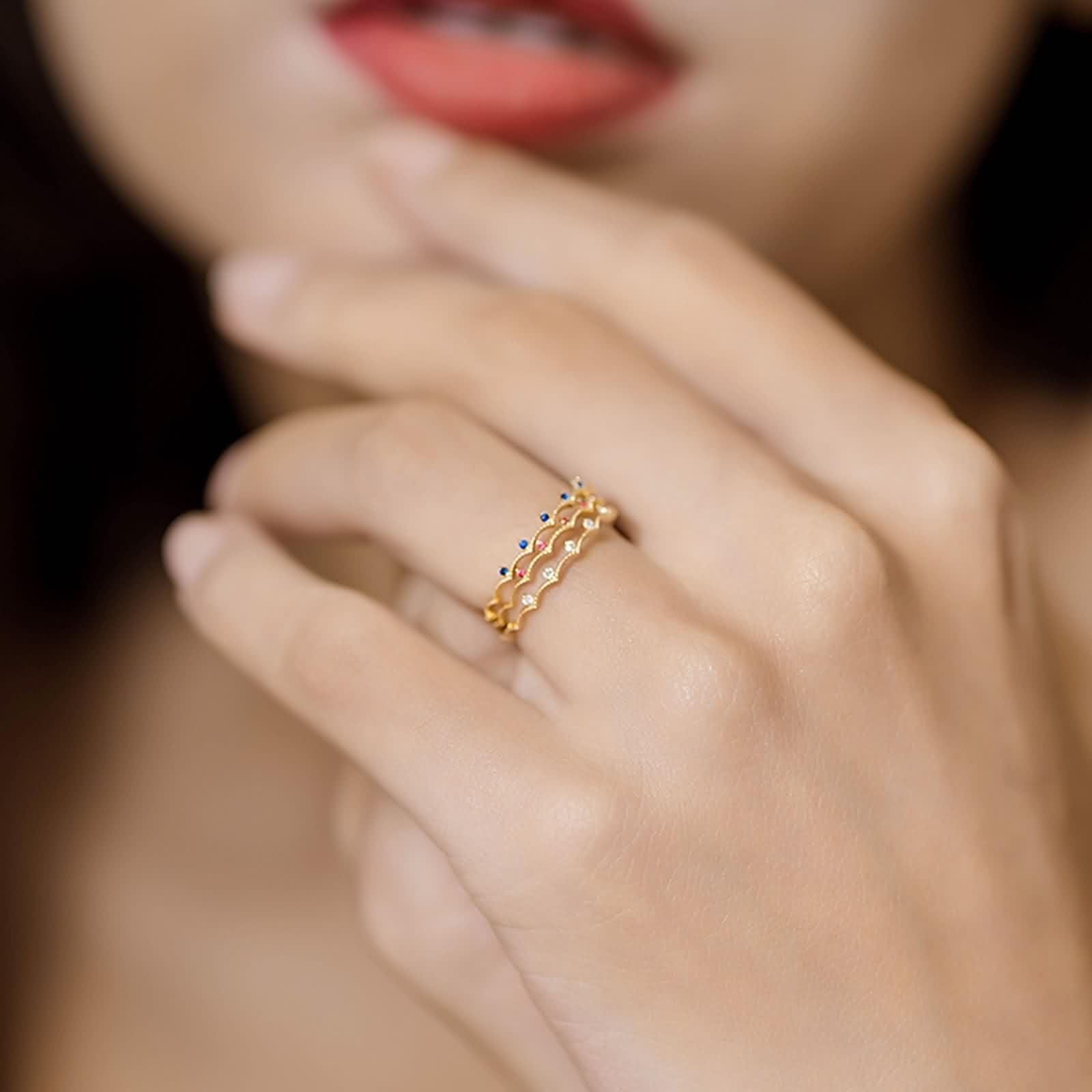 9 Karat Gelbgold Damen Ringe Diamant Weiß, Ring Für Freundin Kronenförmig mit Natürlichem Diamant/Rubin/Saphir