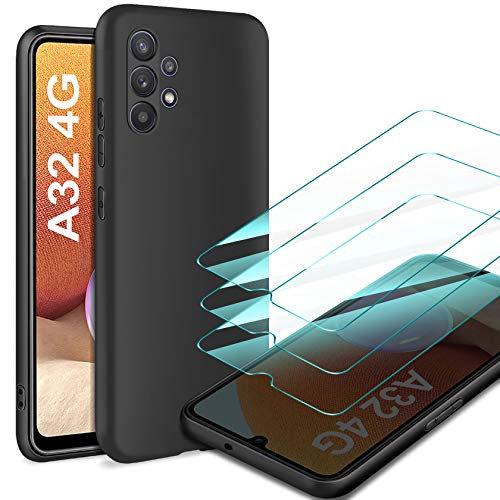 LeathLux Funda Compatible con Samsung Galaxy A32 4G con 3 Protectores de Pantalla de Cristal blindado, Color Negro, Carcasa de Silicona TPU,...
