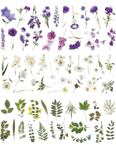 TPZORJX 120pcs Pegatinas de Flores de Colores Transparentes para Albumes Pegatinas de Plantas Impermeables Pegatinas Artesanales Retro para Diario Manualidades(Lavanda)