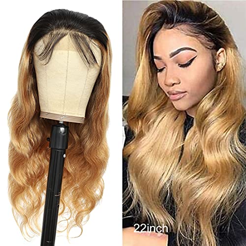 Ombre Wig Human Hair Pre Plucked With Baby Hair 4X4 Lace Front Wig 130% Density With Baby Hair Two Tone Wig For Women Ombre 1B/27 Lace Wig Brazilian Body Wave Remy Virgin Human Hair 9A Grade 20 Inch