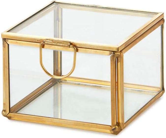 ARTINCO Art India Collections Square Brass Glass Box with Lid and Mirror Base, Glass Display Box Gold 8x8x5 cm