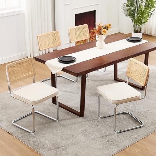 Image of Zesthouse Natural Rattan Dining Chairs Set of 6, Mid Century Cane Dining Room Chairs with Solid Wood Back & Chrome Base for Kitchen, Breuer Design Inspired, Upholstered Linen Fabric, Beige