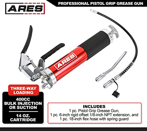 Image of ARES 53015 - Professional Pistol Grip Grease Gun - Includes 18-Inch Flex Hose with Spring Guard and 6-Inch Offset Extension - 4500 PSI Working Pressure Rating