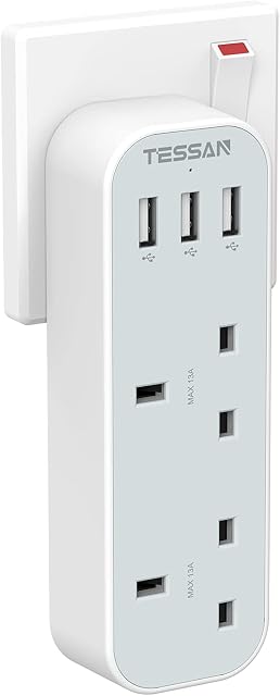 Double Plug Adaptor with 3 USB, TESSAN 2 Way Multi Plugs Extension Adapter, 13A UK 3 Pin Wall Charger Sockets Power Extender for Home, Kitchen, Office