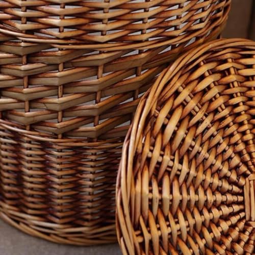 Handgewebter Rattan-Wäschekorb mit Deckel, runder Weidenkorb für Kleidung, Spielzeug, Decken, herausnehmbares Baumwollfutter