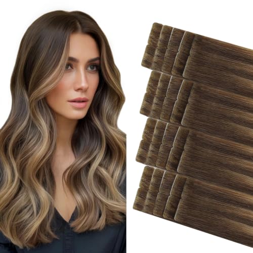 Image of COOKAYU Invisible Tape in Extensions Human Hair, Medium Brown to Caramel Blonde 20Inch 45g 20pcs Injected Tape in Human Hair Straight Invisi Edge Extension