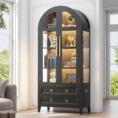 Image of LVSOMT 71 inch Arched Display Cabinet with Glass Doors and Lights, Black