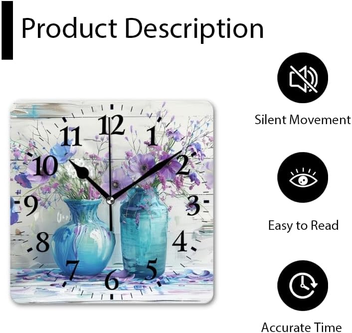 Quartz Wall Clocks Non-Ticking Silent Battery Operated Modern Wall Clocks Decorative for Home,Bedroom-Vases of Purple and Blue Flowers On White Wooden Background(16inch)