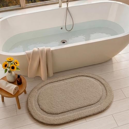 Image of Color&Geometry Oval Beige Bathroom Rugs 43x24, Extra Soft Absorbent Microfiber Bath Rugs, Non-Slip Bathroom mat, Washable Plush Bath Mats for Bathroom, Shower, Bathtub, Laundry, Beige