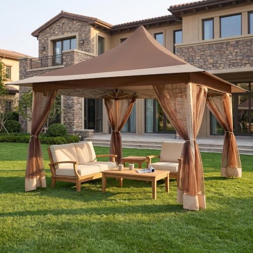 Image of COBIZI 12x12 Pop Up Gazebo with Mosquito Netting,Peaked Roof Canopy,Brown