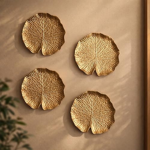 Image of Art Street Golden Lotus Leaves Tray MDF Wall Plate For Living Room, Decorative Wall Hanging Carved Decal for Home Decor (Set of 4, 7.2x7.4 Inch)