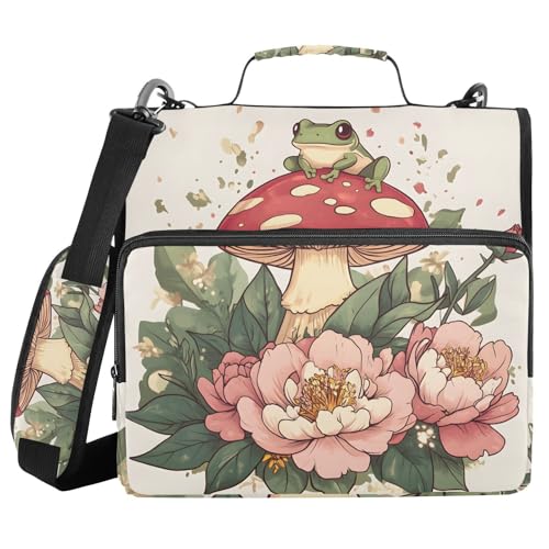 Image of 3 Ring Zipper Binder with Shoulder Strap Mushroom Frog Flower 1.5 inch Binders Keeper Large Capacity Multi Pockets for School Office Supplies