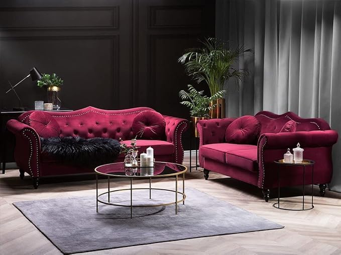 Image of Modern & Classic Chesterfield Sofa 5 Seater Sofa Velvet L-Shape Corner Sectional Button Tufted Sofa for Living Room, Dining Room, Office and Hallway-(Pink-C).