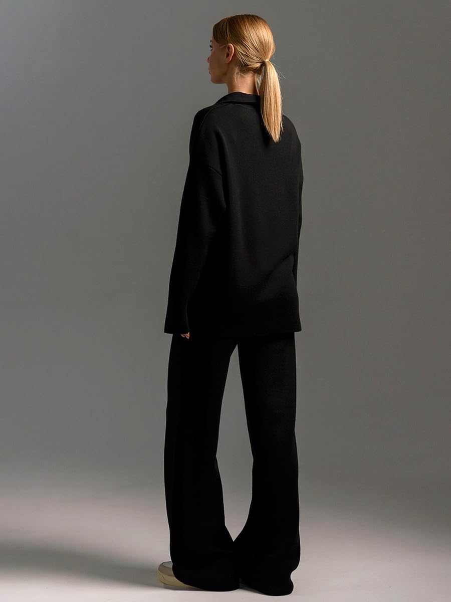 Damen Strickoutfit V-Ausschnitt Pullover mit geraden Weitbein Hosen Elegantes einfarbiges Set
