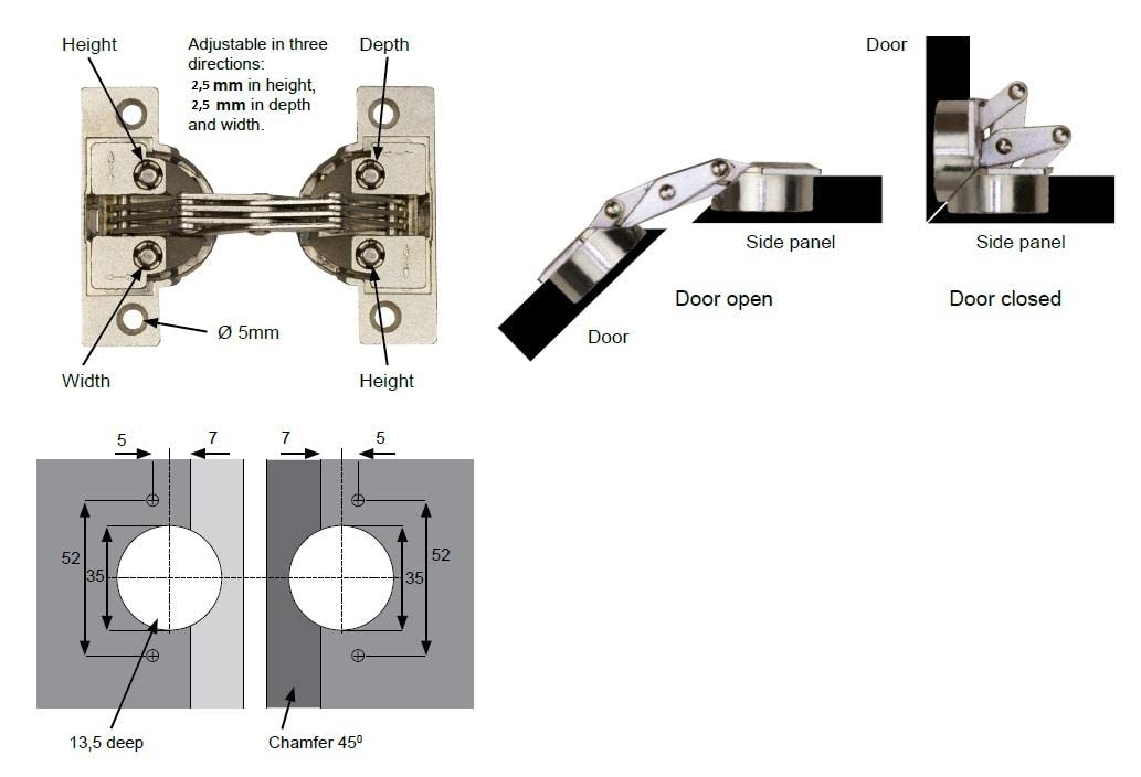 Gedotec Bisagra de inglete 3D para muebles, para atornillar, GS 45, 2 unidades, bisagra de puerta para inglete de 45°, ángulo de apertura de 135°, acero niquelado