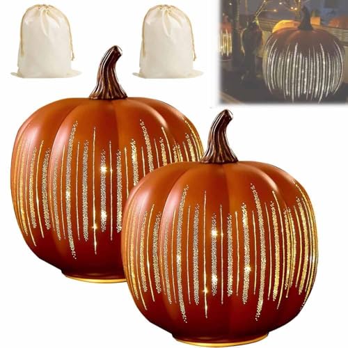 Starry Night Pumpkins, Illuminated Twinkle LED Light Pumpkins, Set of 2 Sparkling Starry Night Resin Pumpkins Light for Bedroom Hallway (orange2pc)